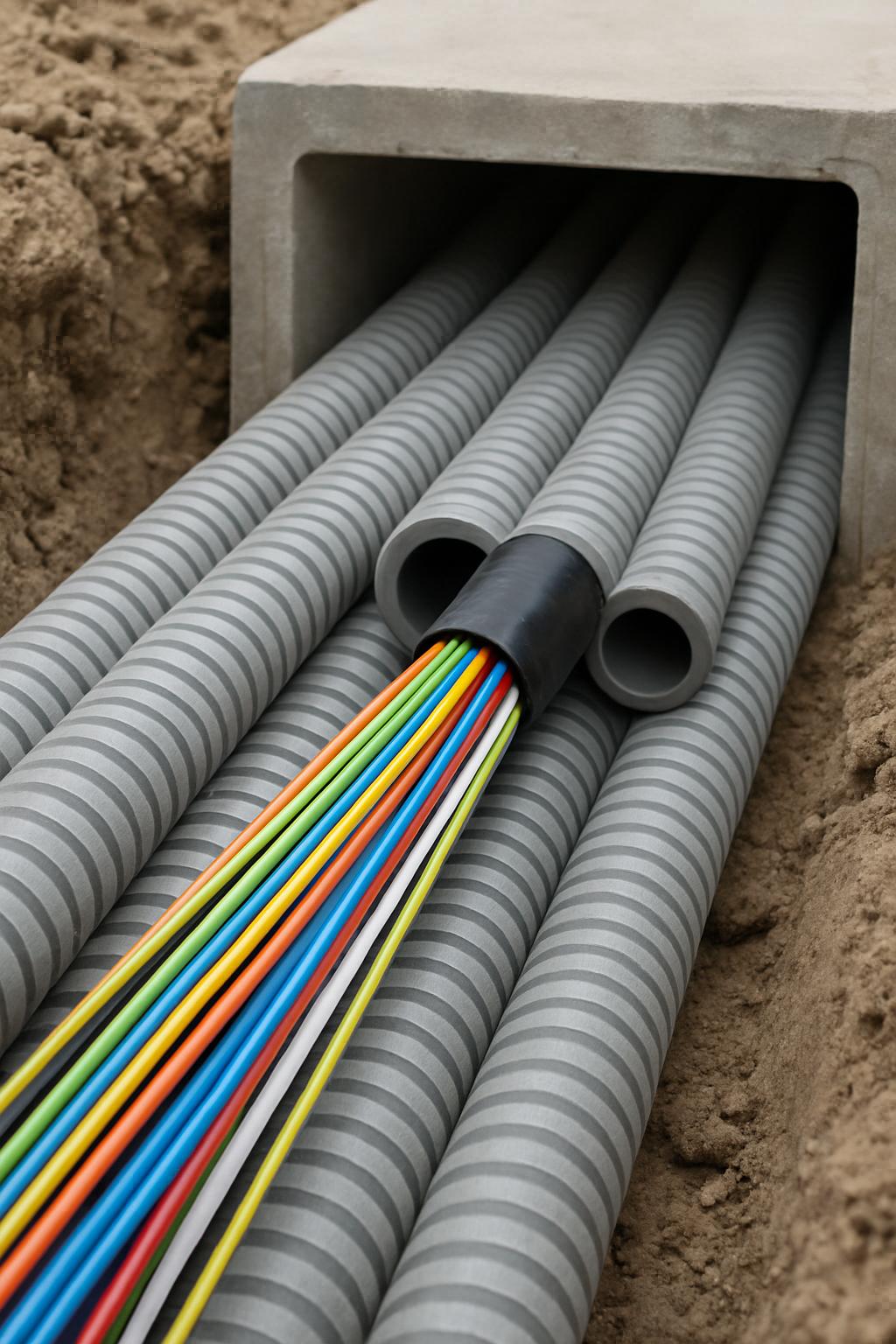 A Trench with Conduits and Multicolored Cables Lined Up in Place.