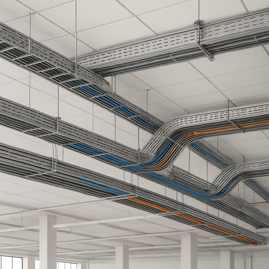 A metallic grid supports multi-colored, twisting and bending cables and wires through a large room.