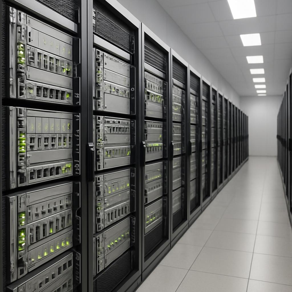 A server room featuring a long row of servers on one side with a white tiled floor and red or white lights in the ceiling....