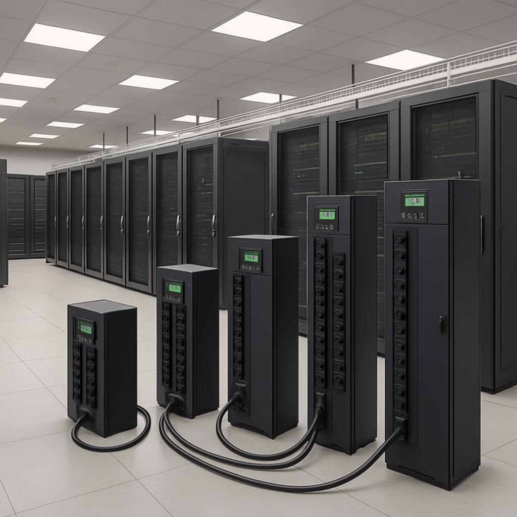 The image shows a row of black servers and green monitors in a large white room. The image shows a row of black servers an...