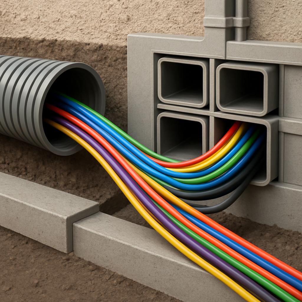 A photograph of a grey conduit with several colored cables emerging from it, placed on a concrete surface against a wall c...